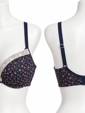 Aerie Ella Gel Navy Floral Push-Up Underwire Bra Ivory Lace - 36C